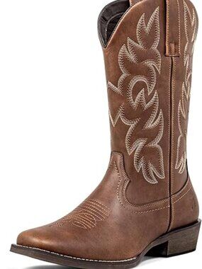 Men's Brown Faux Leather Western Pull On Classic Embroidered Cowboy Boots